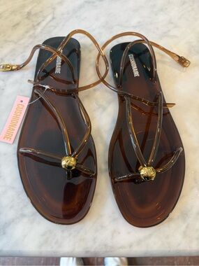 Cushionaire Women's Brown Jelly Ankle-Strap Sandals with Gold Accent